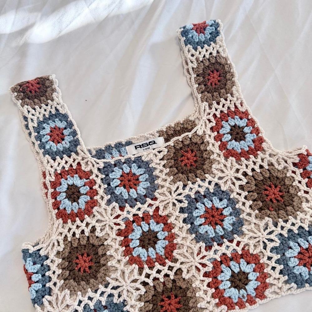 RSQ Granny Square Crochet Tank Top Cropped Boho Multi Color XS